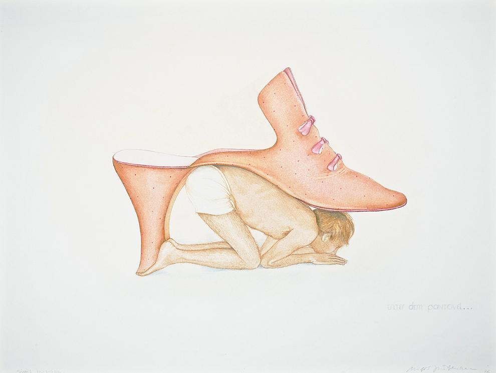 Birgit Jürgenssen, Unter dem Pantoffel (1976). Farbstift, Bleistift auf Büttenkarton, 39,5 x 52,5 cm (Estate Nr. z418). Neue Galerie Graz am Landesmuseum Joanneum. Foto: Wolfgang Woessner