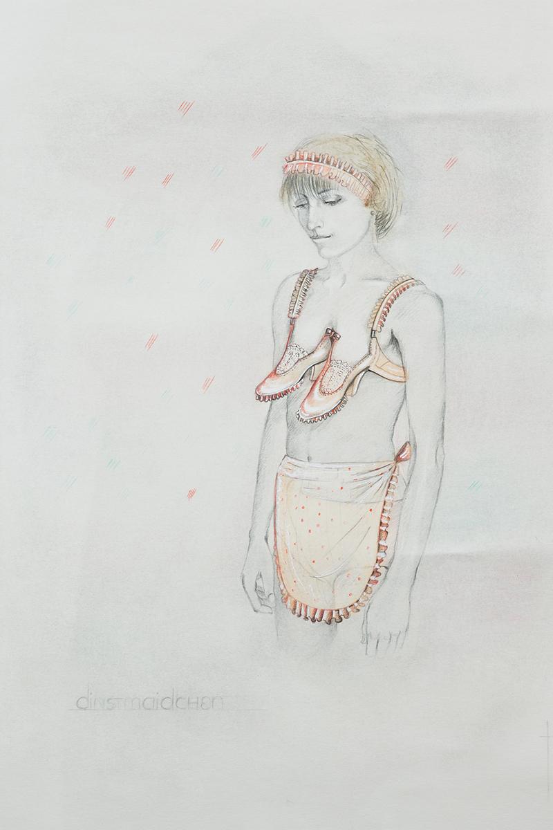 Birgit Jürgenssen, Dienstmädchen (1976). Bleistift, Farbstift auf Büttenkarton, 52,5 x 39,5 cm (Estate Nr. z420). Neue Galerie Graz am Landesmuseum Joanneum. Foto: Wolfgang Wossner