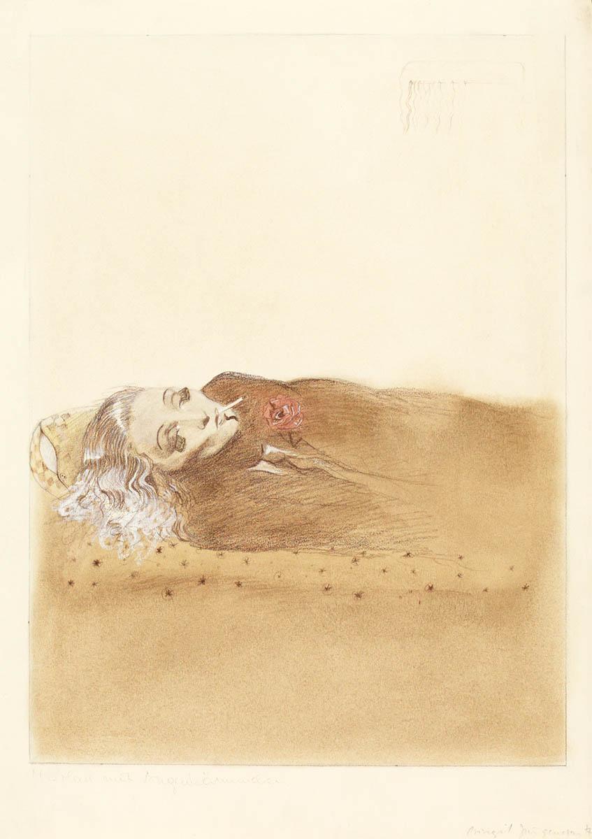 Birgit Jürgenssen, Marlene with Small Eye-Combs (1977). Pencil, colored pencil on handmade paper (Estate No. z734). Foto: Wolfgang Woessner