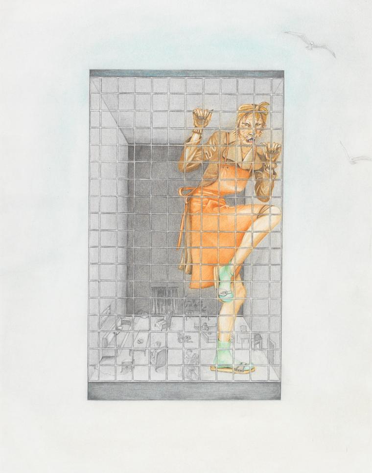 Birgit Jürgenssen, Housewife, 1974 (Estate No. z401). Pencil, colored pencil on handmade paper, 62,5 x 43,5 cm. THE VERBUND COLLECTION, Vienna. Photo: pixelstorm