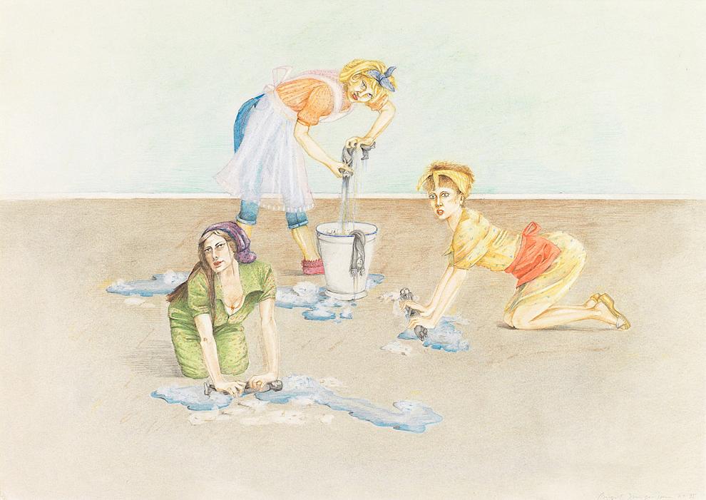 Birgit Jürgenssen, Scrubbing the Floor, 1975 (Estate No. z402). Pencil, colored pencil on handmade paper, 43,5 x 62,5 cm. THE VERBUND COLLECTION, Vienna. Photo: Wolfgang Woessner