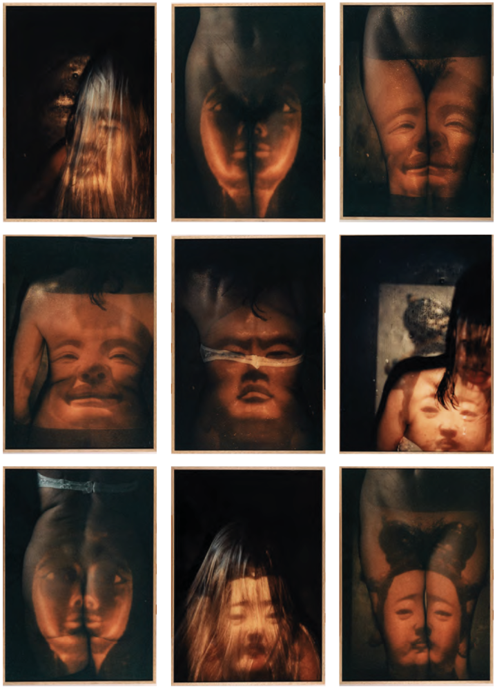 Birgit Jürgenssen, Buddhafaces, 1995. 9 color photographs, 100 x 70 cm each (Estate No. ph1461–ph1469). Photos: pixelstorm